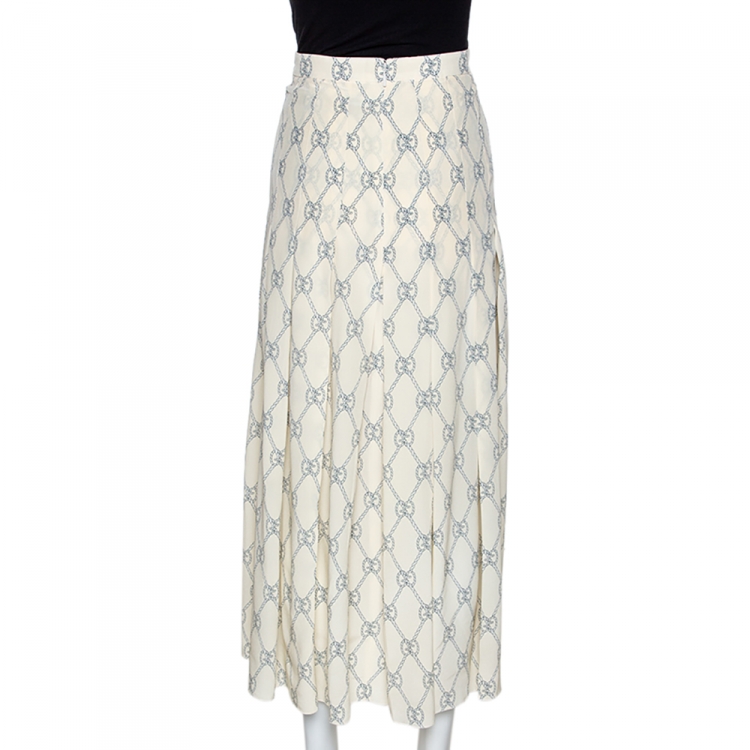 Pre Owned Gucci Cream & Navy Blue Silk Rhombus Skirt S