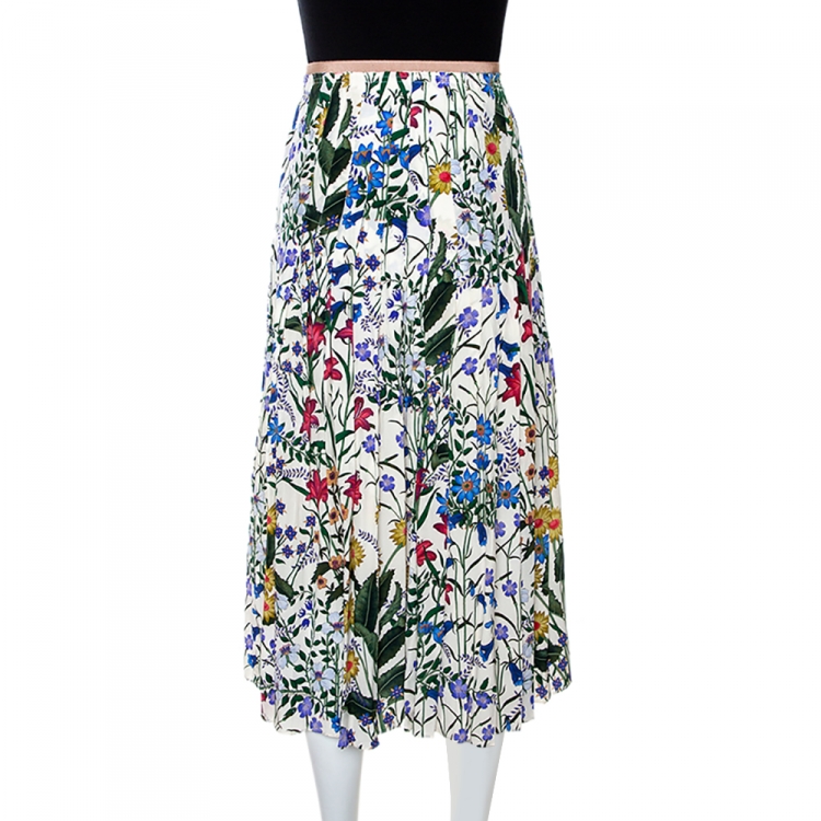 Pre Owned Gucci Multicolor Floral Printed Silk Pleated Midi Skirt M