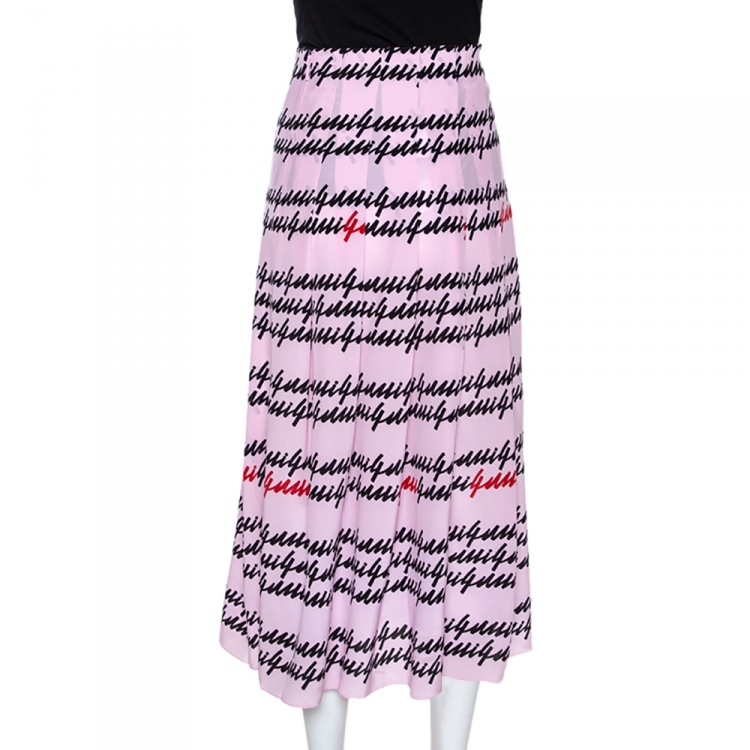 Pre Owned Gucci Pink Silk Cursive Logo Print Pleated Midi Skirt M
