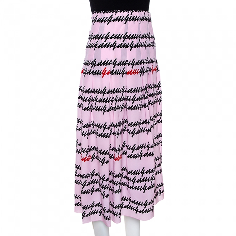 Pre Owned Gucci Pink Silk Cursive Logo Print Pleated Midi Skirt M