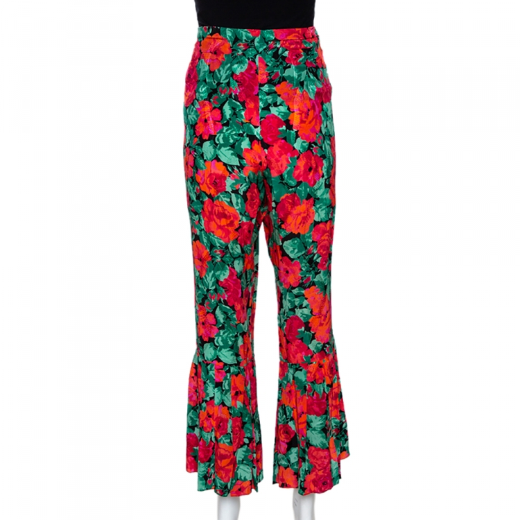 Pre Owned Gucci Multicolor Floral Printed Silk Pleated Hem Trousers M