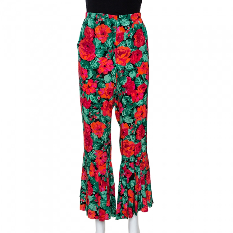 Pre Owned Gucci Multicolor Floral Printed Silk Pleated Hem Trousers M