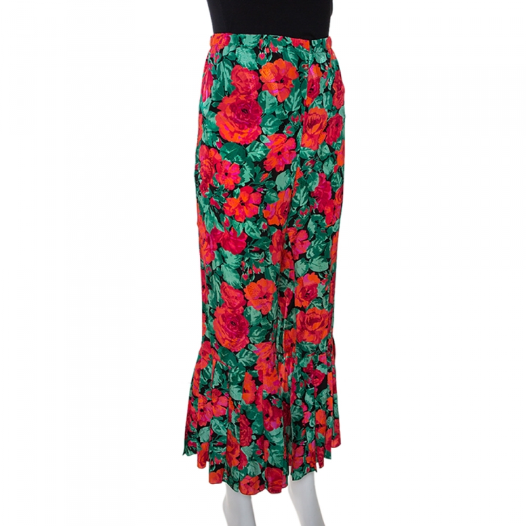 Pre Owned Gucci Multicolor Floral Printed Silk Pleated Hem Trousers M