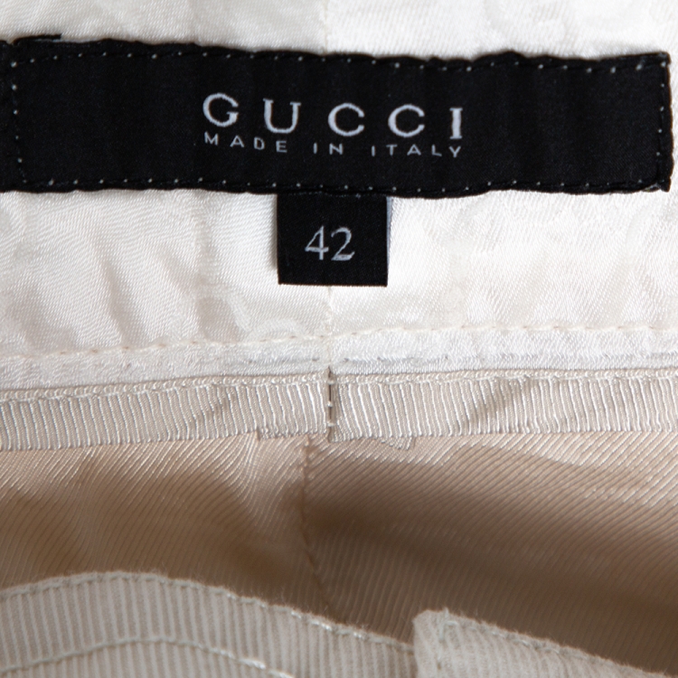 Pre Owned Gucci Ecru Garbadine Navy Badge Embellished Detail Mini Skirt M