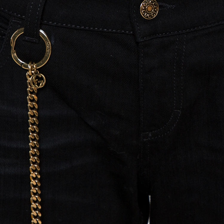 Pre Owned Gucci Black Denim Gold Chain Detail 70's Jeans L