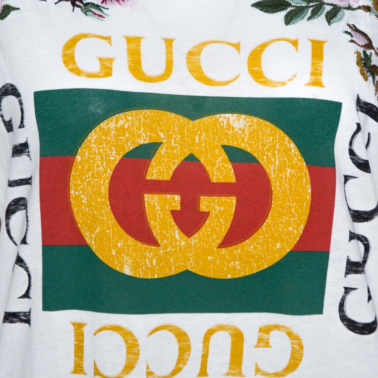Pre Owned Gucci White Logo Printed & Embroidered Cotton Distressed T-Shirt XS