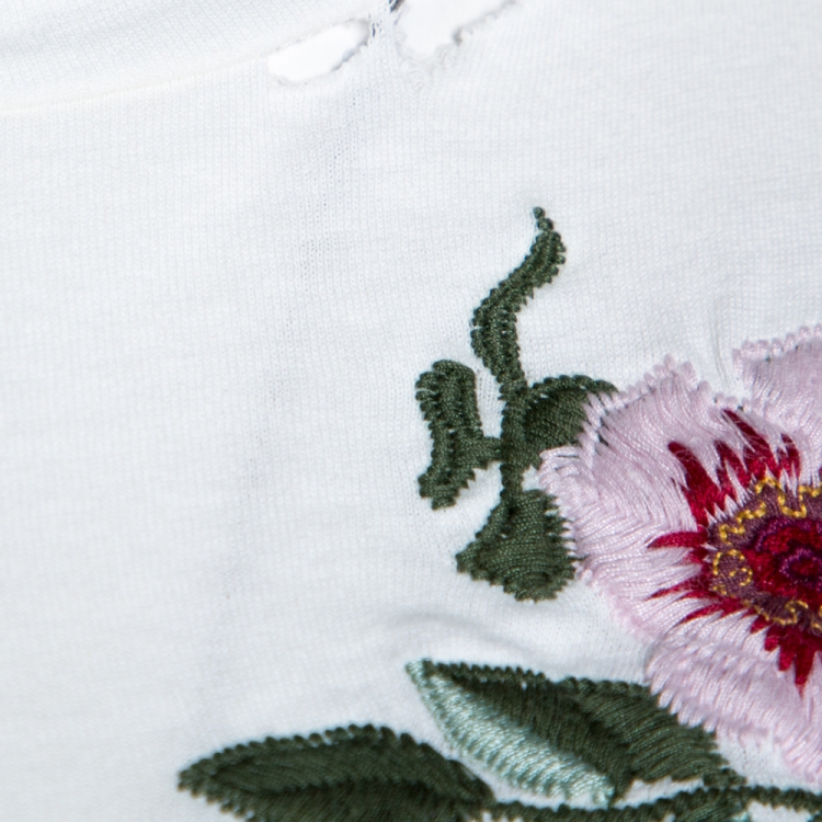 Pre Owned Gucci White Logo Printed & Embroidered Cotton Distressed T-Shirt XS