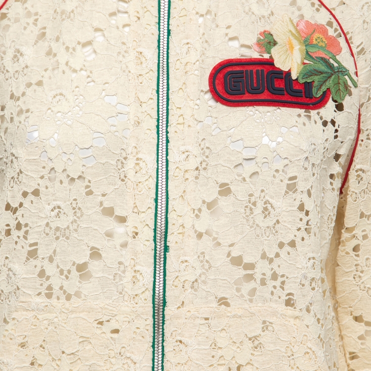 Pre Owned Gucci Cream Floral Lace Web Stripe Rib Knit Trimmed Zip Front Jacket S