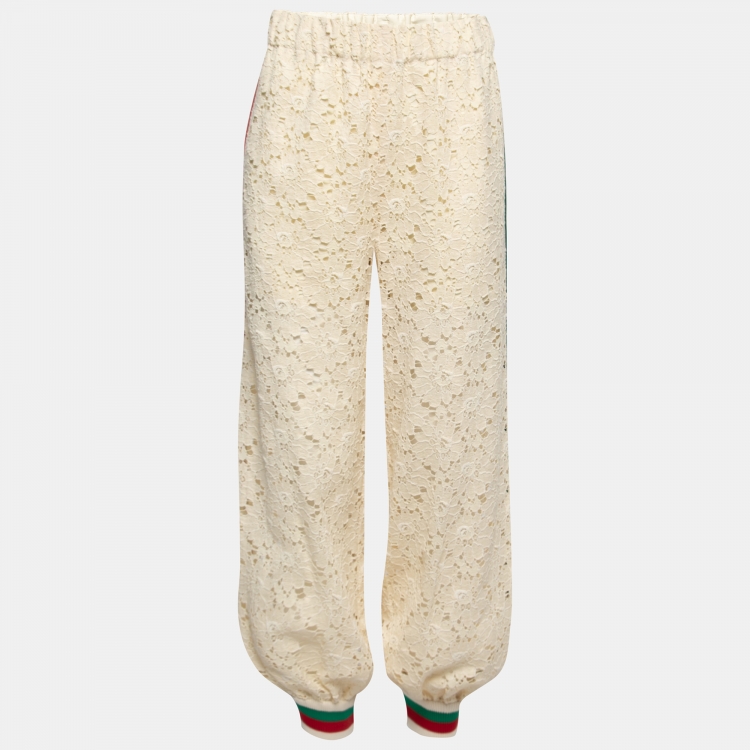 مملوكة مسبقًا Gucci Cream Lace Web Stripe Rib Knit Trimmed Joggers S