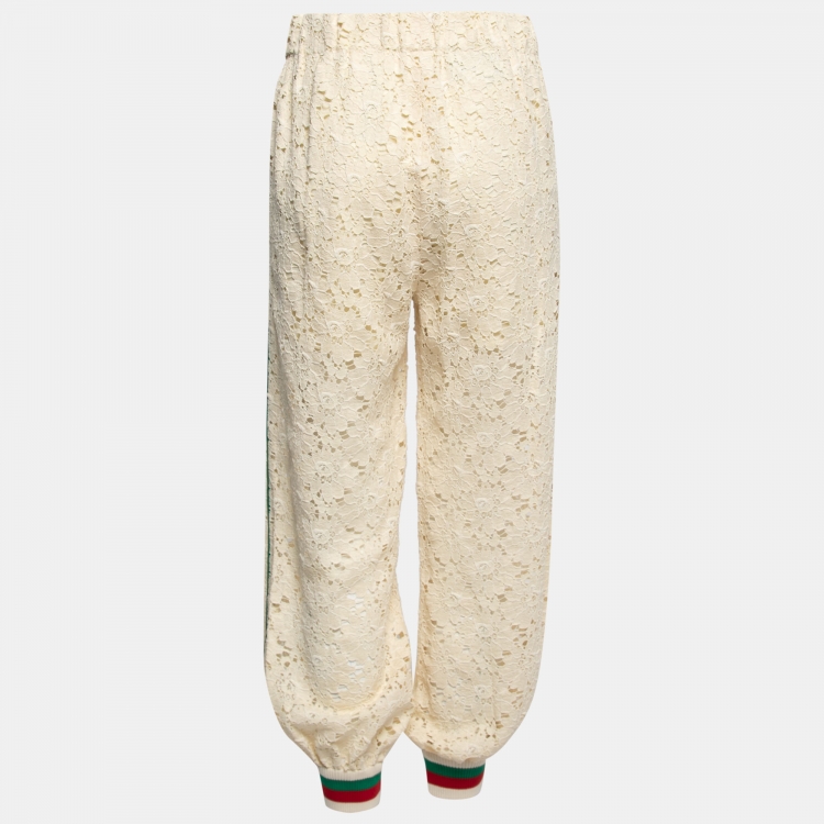 مملوكة مسبقًا Gucci Cream Lace Web Stripe Rib Knit Trimmed Joggers S