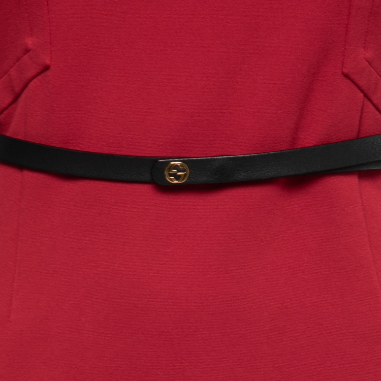 Pre Owned Gucci Red Stretch Knit Belted Bodycon Midi Dress M