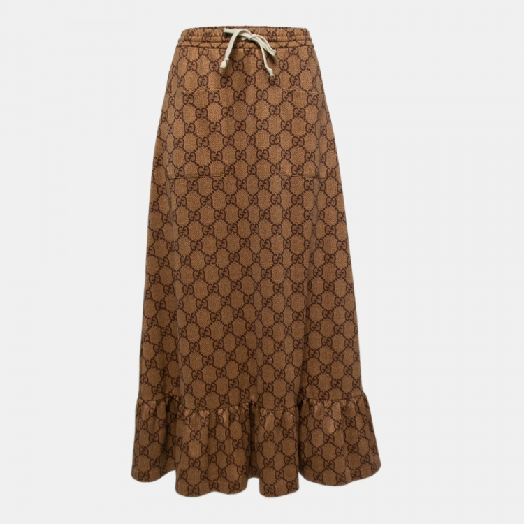 Pre Owned Gucci Brown GG Monogram Jersey Ruffled Hem Midi Skirt XS