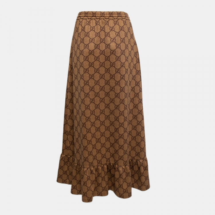 Pre Owned Gucci Brown GG Monogram Jersey Ruffled Hem Midi Skirt XS
