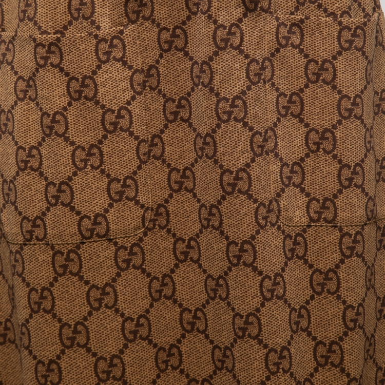 Pre Owned Gucci Brown GG Monogram Jersey Ruffled Hem Midi Skirt XS