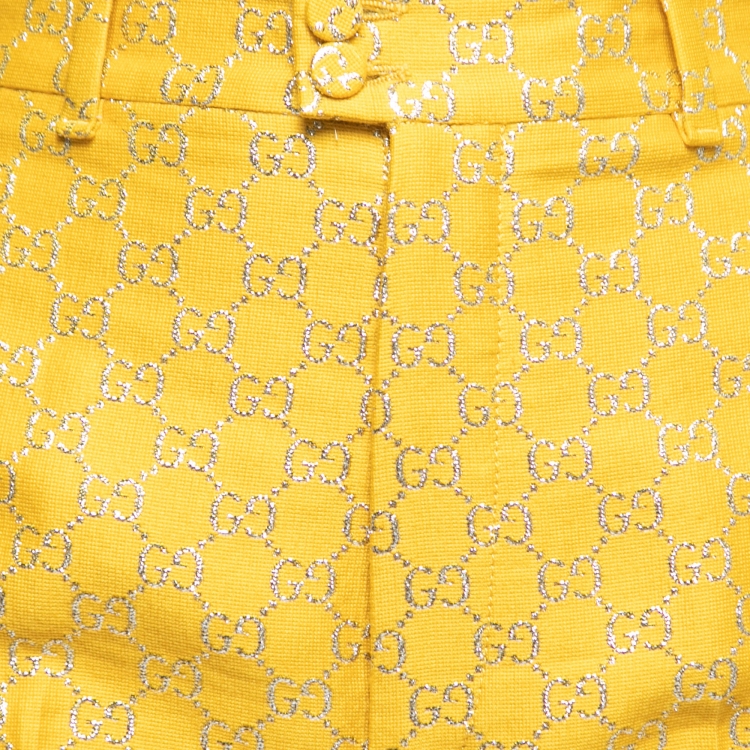 Pre Owned Gucci Yellow & Metallic Gold GG Jacquard Trousers S