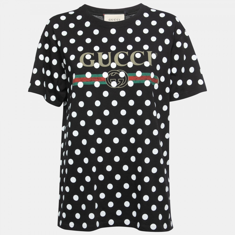 Pre Owned Gucci Black Polka-Dot Print Cotton Logo T-Shirt XS