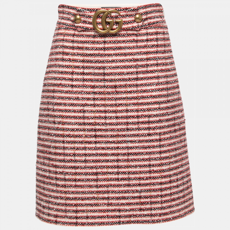 GUCCI★素敵！TWEED LEATHER BUCKLE SKIRT Gucci Red/Black Tweed Logo Buckle Detail A-Line Skirt S