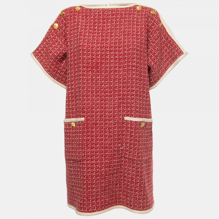 Pre Owned Gucci Red Logo Patterned Wool Blend Pocket Detail Mini Dress M