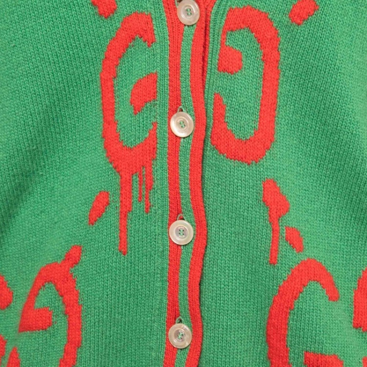 Pre Owned Gucci Green Ghost Patterned Wool Reversible Cardigan M