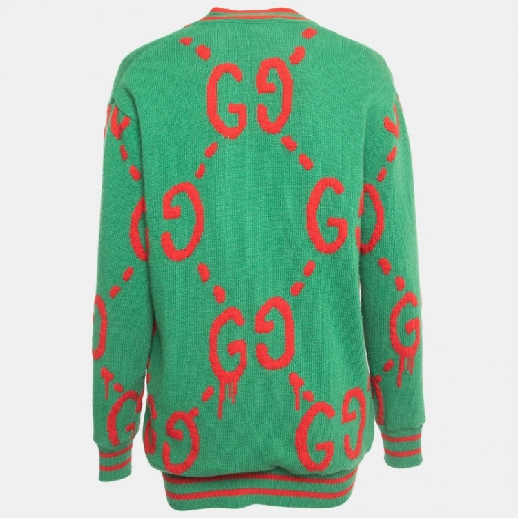 Pre Owned Gucci Green Ghost Patterned Wool Reversible Cardigan M