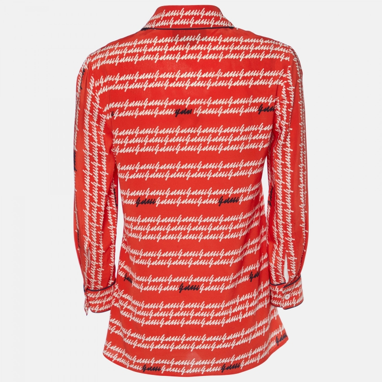 Pre Owned Gucci Coral Red Signature Logo Print Silk Button Front Shirt S