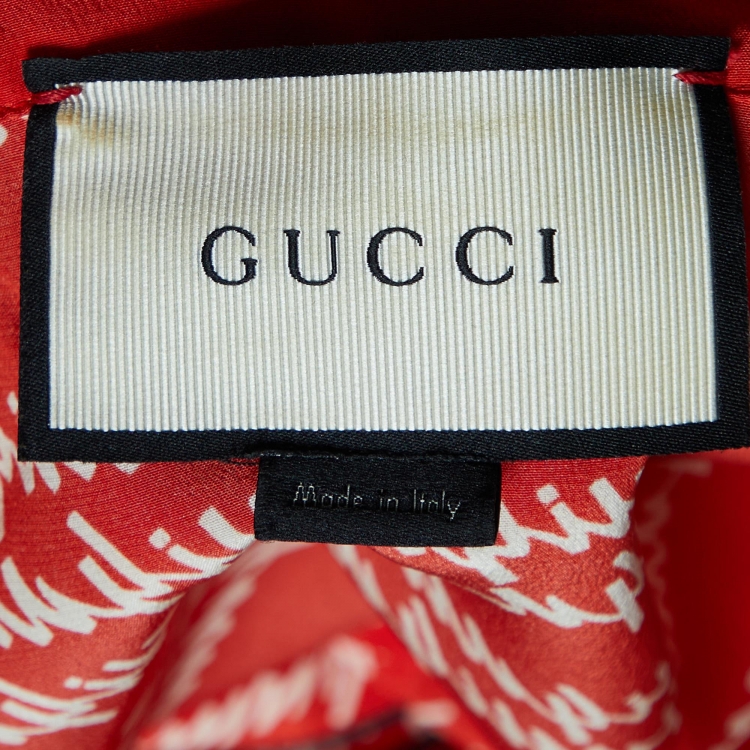 Pre Owned Gucci Coral Red Signature Logo Print Silk Button Front Shirt S