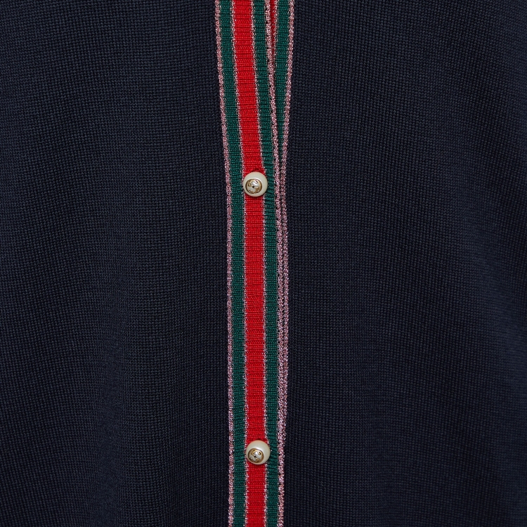 Pre Owned Gucci Navy Blue Wool Knit Web Trimmed Button Front Cardigan XXL