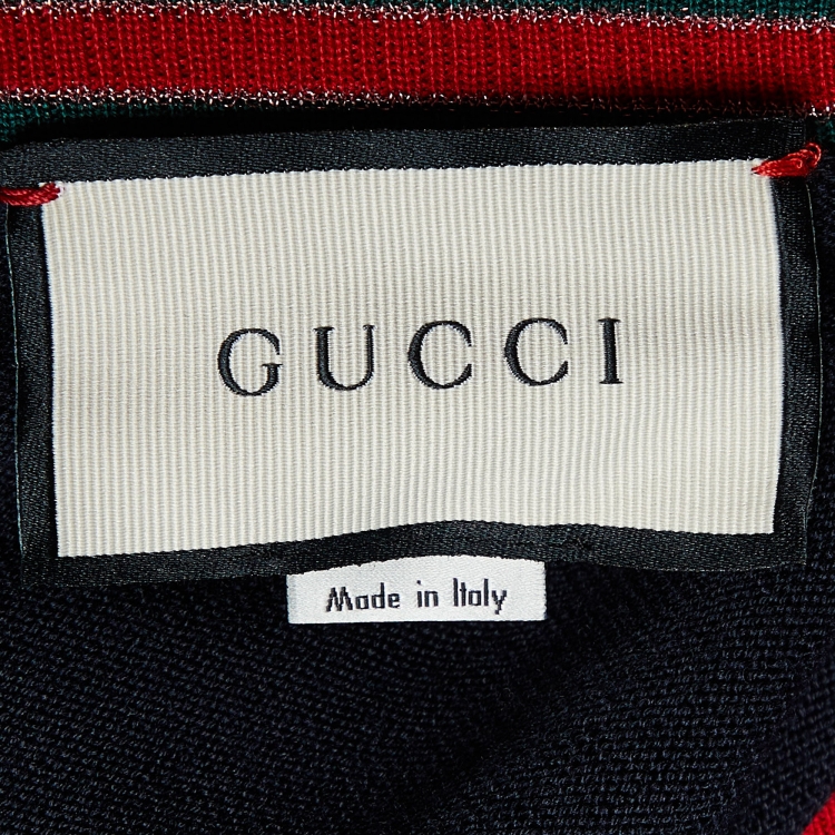 Pre Owned Gucci Navy Blue Wool Knit Web Trimmed Button Front Cardigan XXL