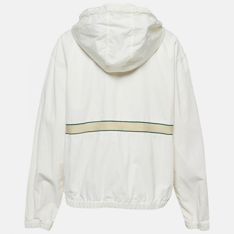 Pre Owned Gucci Cream Cotton Web Accent Zip Front Hooded Windbreaker Jacket L
