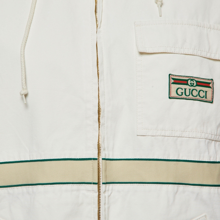 Pre Owned Gucci Cream Cotton Web Accent Zip Front Hooded Windbreaker Jacket L