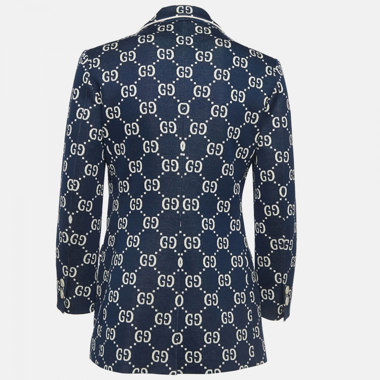 Pre Owned Gucci Navy Blue GG Jacquard Applique Detail Jersey Jacket S