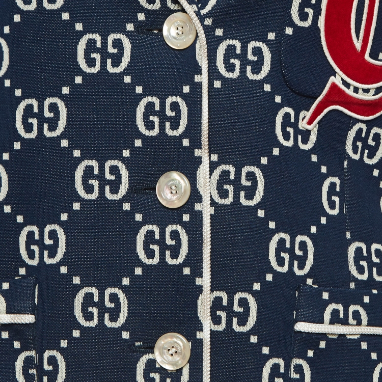 Pre Owned Gucci Navy Blue GG Jacquard Applique Detail Jersey Jacket S