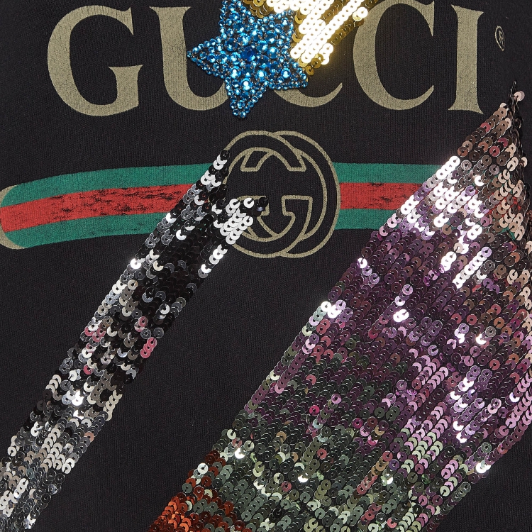 Pre Owned Gucci Black Logo Print Cotton Star Sequin Embellished Sweatshirt M