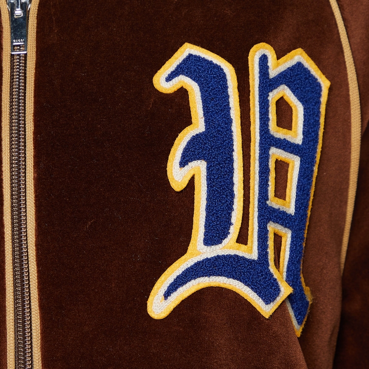 Pre Owned Gucci Brown Velvet Ram Patch Detail Zip Up Bomber Jacket S