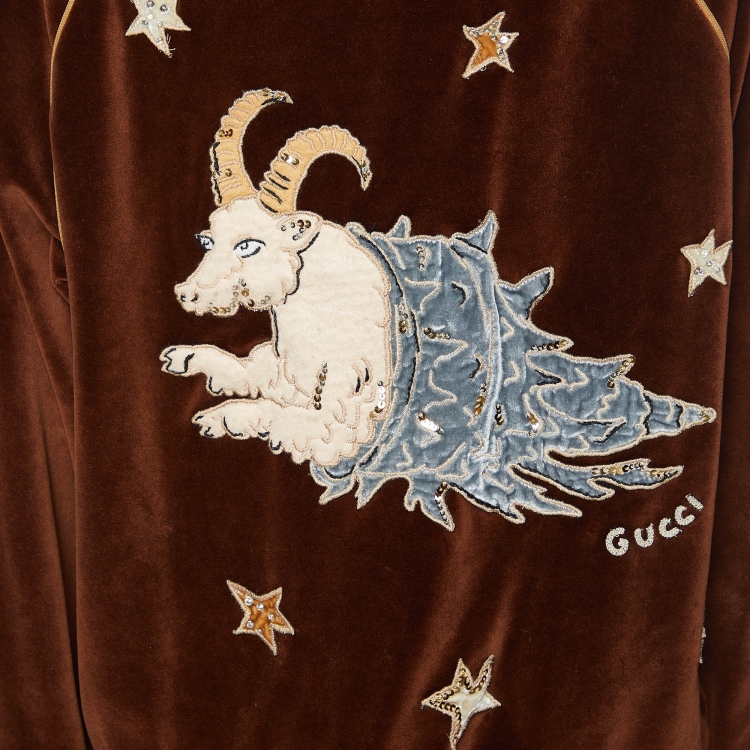 Pre Owned Gucci Brown Velvet Ram Patch Detail Zip Up Bomber Jacket S