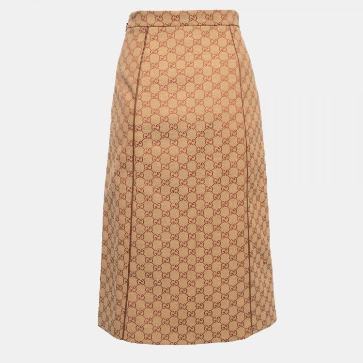 【関税&送料込】Gucci Logo Embroidered Canvas Midi Skirt GG canvas skirt in camel and ebony | GUCCI® US