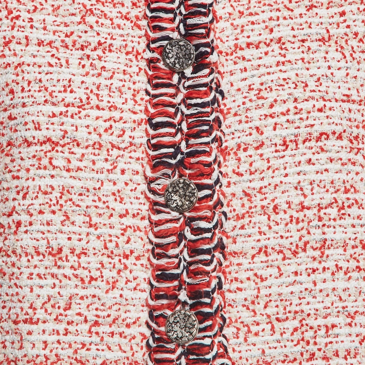 Pre Owned Chanel Red Multicolor Tweed Buttoned Front Jacket M