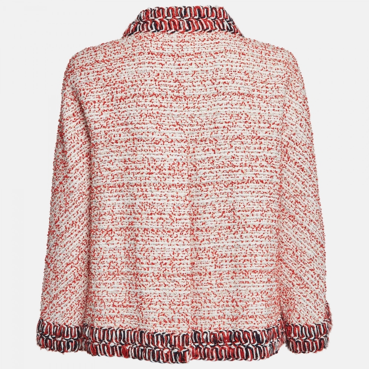 Pre Owned Chanel Red Multicolor Tweed Buttoned Front Jacket M
