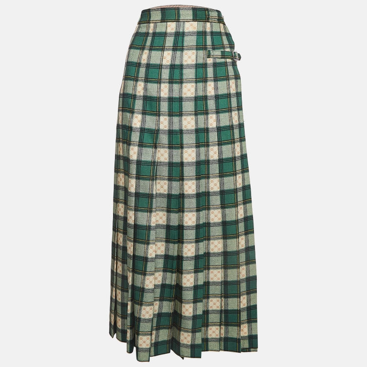 مملوكة مسبقًا Gucci Green Tartan Check Wool Pleated Maxi Skirt L