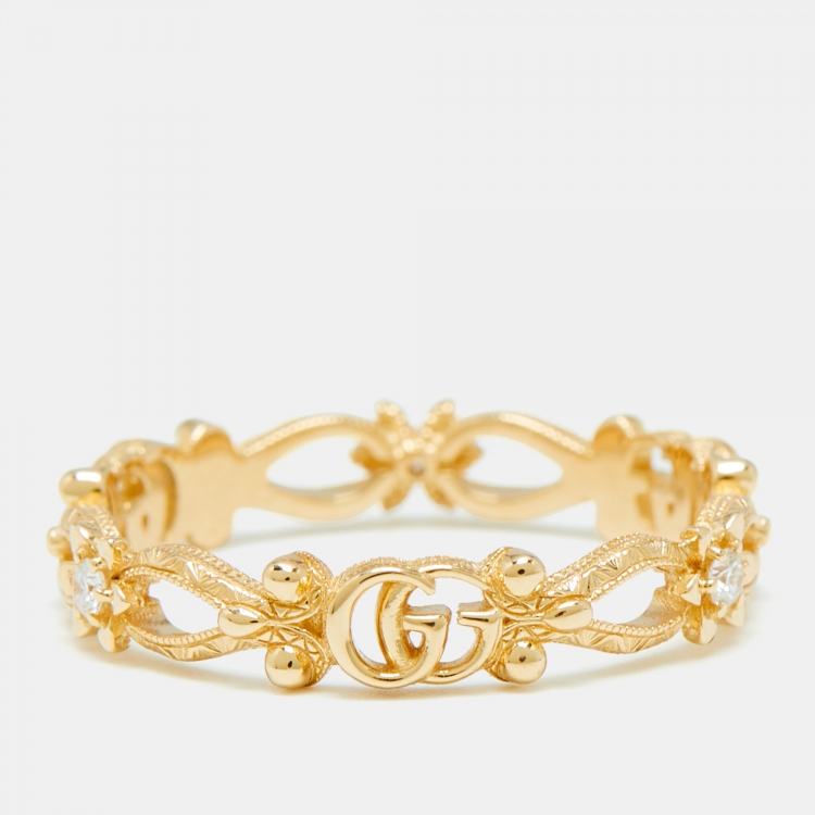 Pre Owned Gucci Floral Diamond 18k Yellow Gold Ring Size 57