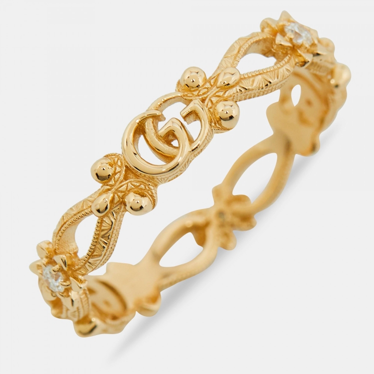 Pre Owned Gucci Floral Diamond 18k Yellow Gold Ring Size 57