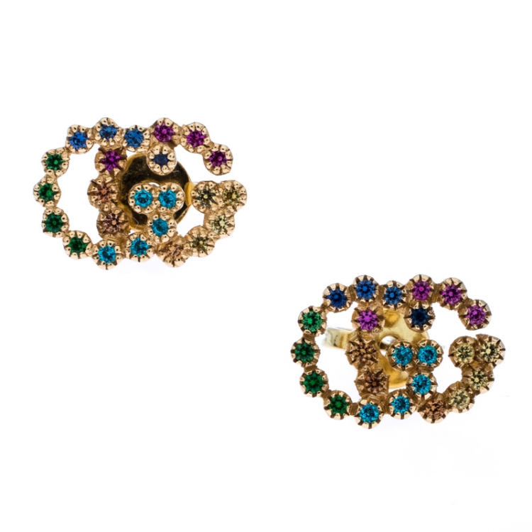 Pre Owned Gucci GG Running Multicolor Gemstones 18K Yellow Gold Stud Earrings