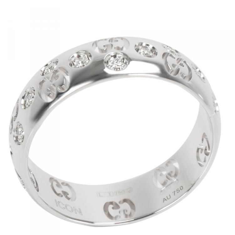 Pre Owned Gucci Double G 0.10 CTW Diamond 18K White Gold Ring Size 55
