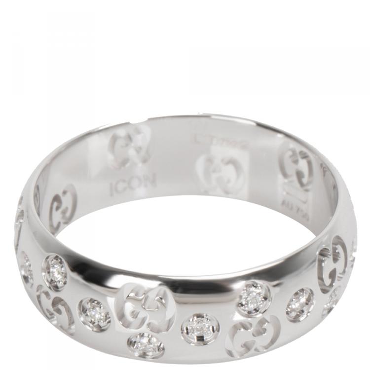Pre Owned Gucci Double G 0.10 CTW Diamond 18K White Gold Ring Size 55