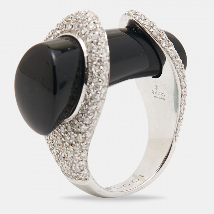 Pre Owned Gucci Horsebit Onyx Diamonds 18k White Gold Cocktail Ring Size 53