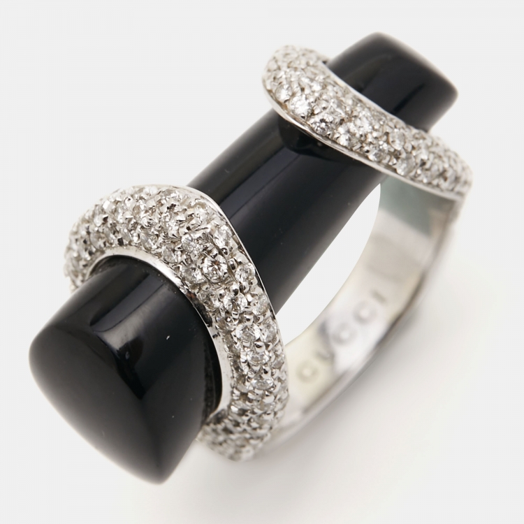 Pre Owned Gucci Horsebit Onyx Diamonds 18k White Gold Cocktail Ring Size 53