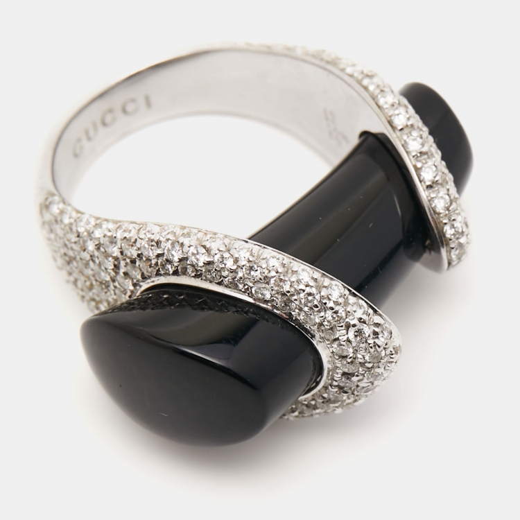 Pre Owned Gucci Horsebit Onyx Diamonds 18k White Gold Cocktail Ring Size 53