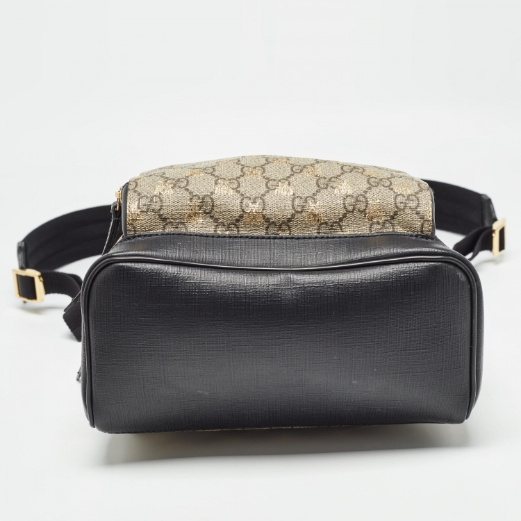 Pre Owned Gucci Black/Beige GG Supreme Canvas and Leather Small Bees Day Backpack