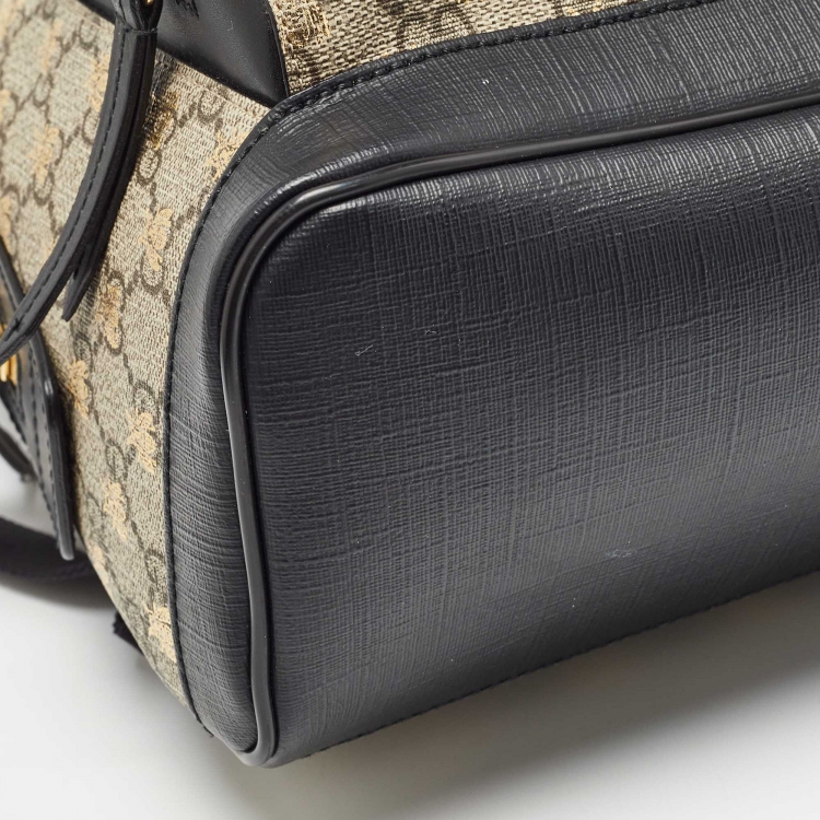 Pre Owned Gucci Black/Beige GG Supreme Canvas and Leather Small Bees Day Backpack