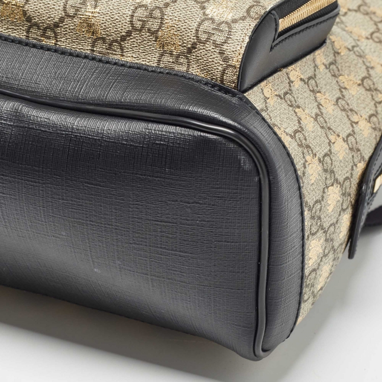 Pre Owned Gucci Black/Beige GG Supreme Canvas and Leather Small Bees Day Backpack